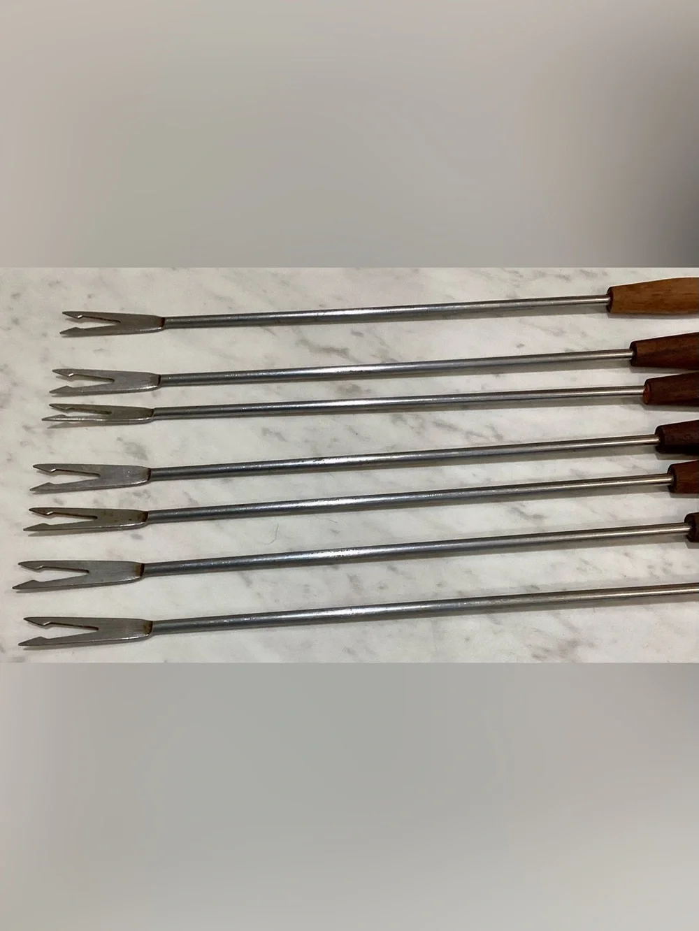 Vintage MCM Fondue Forks Set of 6 + 1 Bonus Extra Teak Wood Stainless Japan